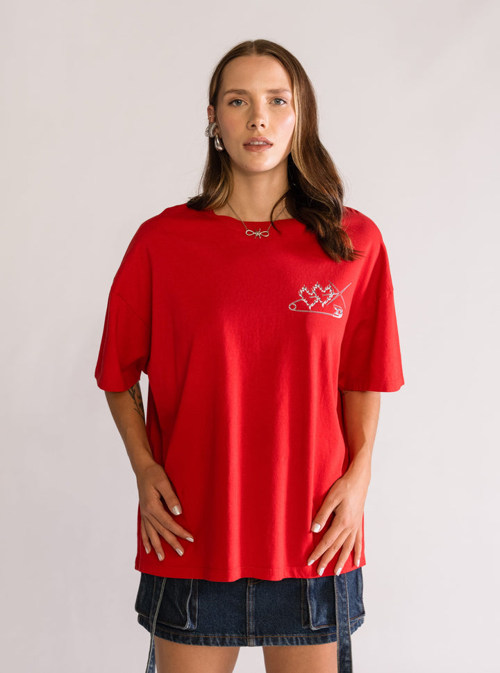 Silver Heart Oversized T-Shirt, Red